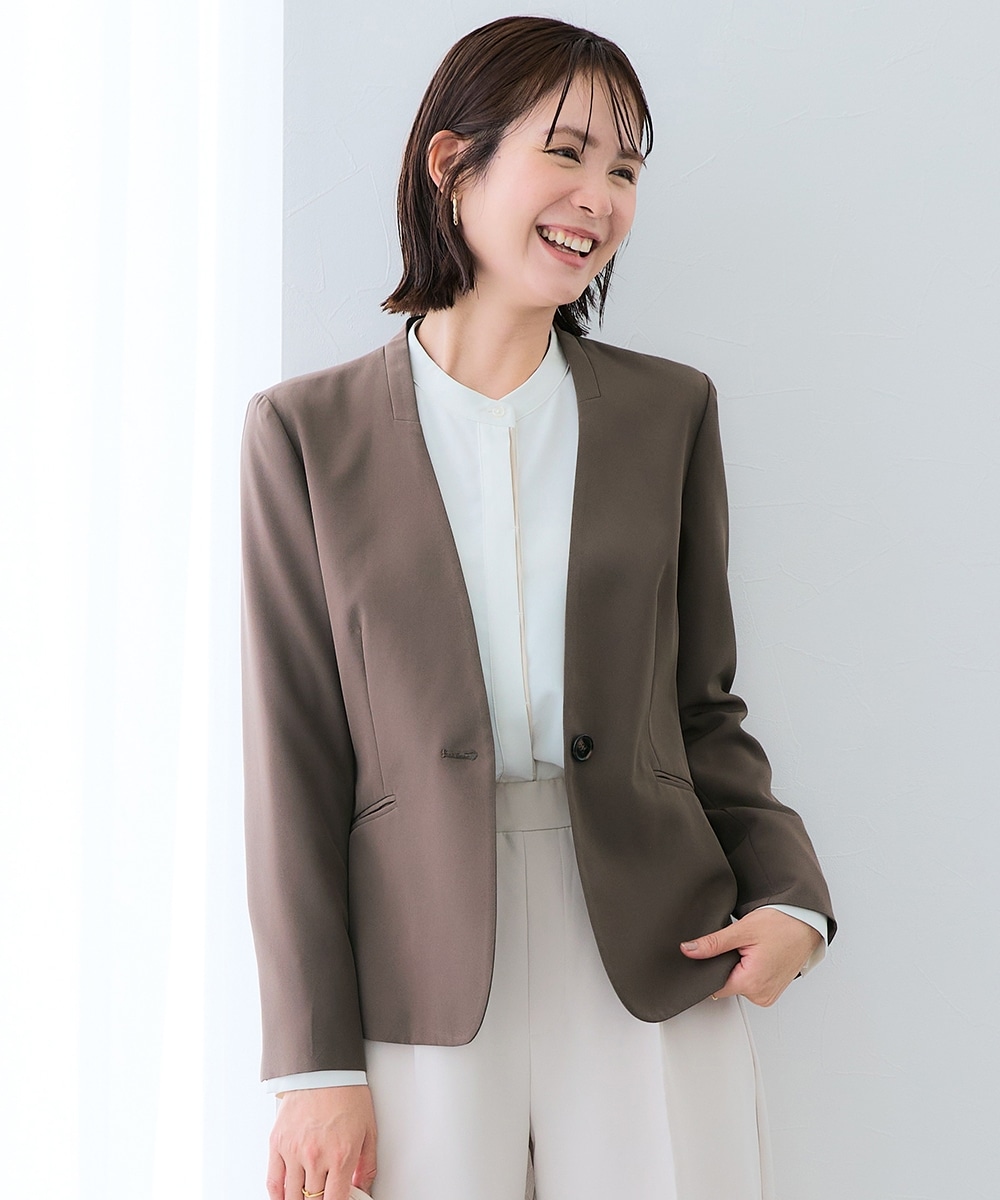 洗えるストレッチダブルクロスノーカラージャケット（ストレッチ・しわになりにくい・ＵＶカット・洗濯機OK）（レギュラー丈） 大きいサイズ