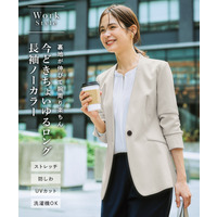 洗えるストレッチダブルクロスノーカラージャケット（ストレッチ・しわになりにくい・UVカット・洗濯機OK）（ロング丈）<大きいサイズ有>