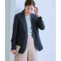 洗えるストレッチダブルクロスノーカラージャケット（ストレッチ・しわになりにくい・UVカット・洗濯機OK）（ロング丈）<大きいサイズ有>