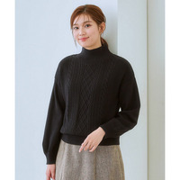 フロントケーブル編みハイネックニット（毛玉になりにくい・タンブル乾燥OK）<大きいサイズ有>