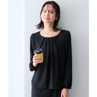 【カットソー裏地付】シフォン前タック９分袖ブラウス（裾ふらし）<大きいサイズ有>