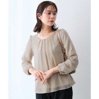 【カットソー裏地付】シフォン前タック９分袖ブラウス（裾ふらし）<大きいサイズ有>