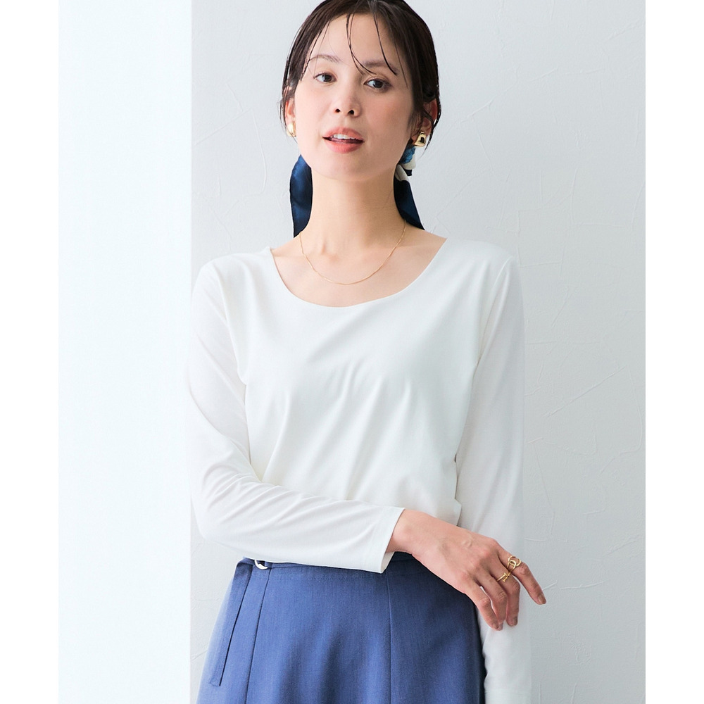 透け対策シルケット加工ダブルフロントスクエアネック長袖トップス 大きいサイズ1