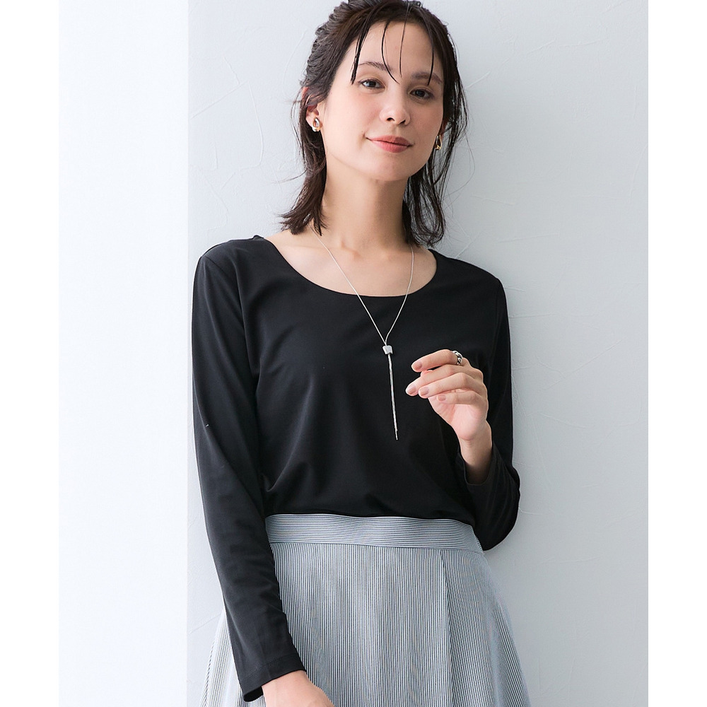 透け対策シルケット加工ダブルフロントスクエアネック長袖トップス 大きいサイズ1