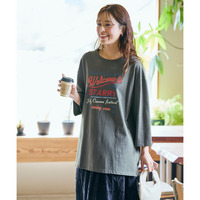 バスク素材綿混オーバーサイズ7分袖プリントTシャツ 大きいサイズ