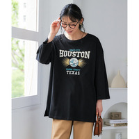 バスク素材綿混オーバーサイズ7分袖プリントTシャツ 大きいサイズ