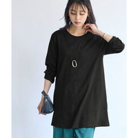 綿100％汗染みしにくいクルーネック長袖チュニックTシャツ 大きいサイズ