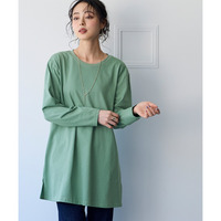 綿100％汗染みしにくいクルーネック長袖チュニックTシャツ 大きいサイズ