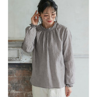 シャーリングスタンドカラー裾ラウンドブラウス 大きいサイズ