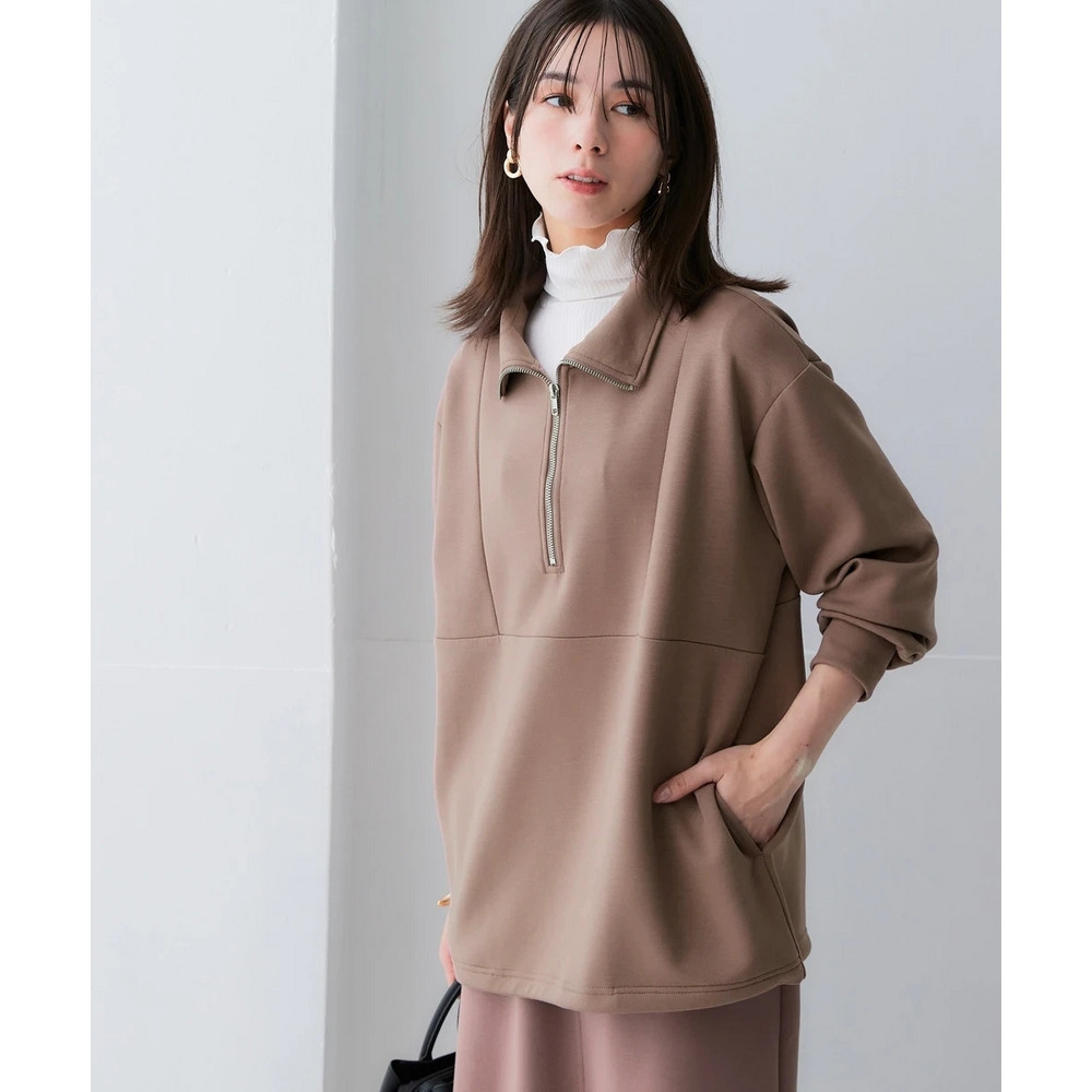 なめらかポンチ素材 ハーフジップ裾ドロストゆるシルエットプルオーバー(セットアップ可能) 大きいサイズ26