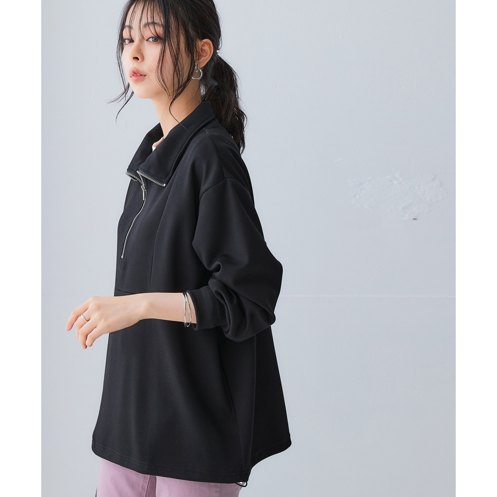 なめらかポンチ素材 ハーフジップ裾ドロストゆるシルエットプルオーバー(セットアップ可能) 大きいサイズ28