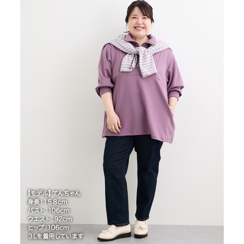 なめらかポンチ素材 ハーフジップ裾ドロストゆるシルエットプルオーバー(セットアップ可能) 大きいサイズ30