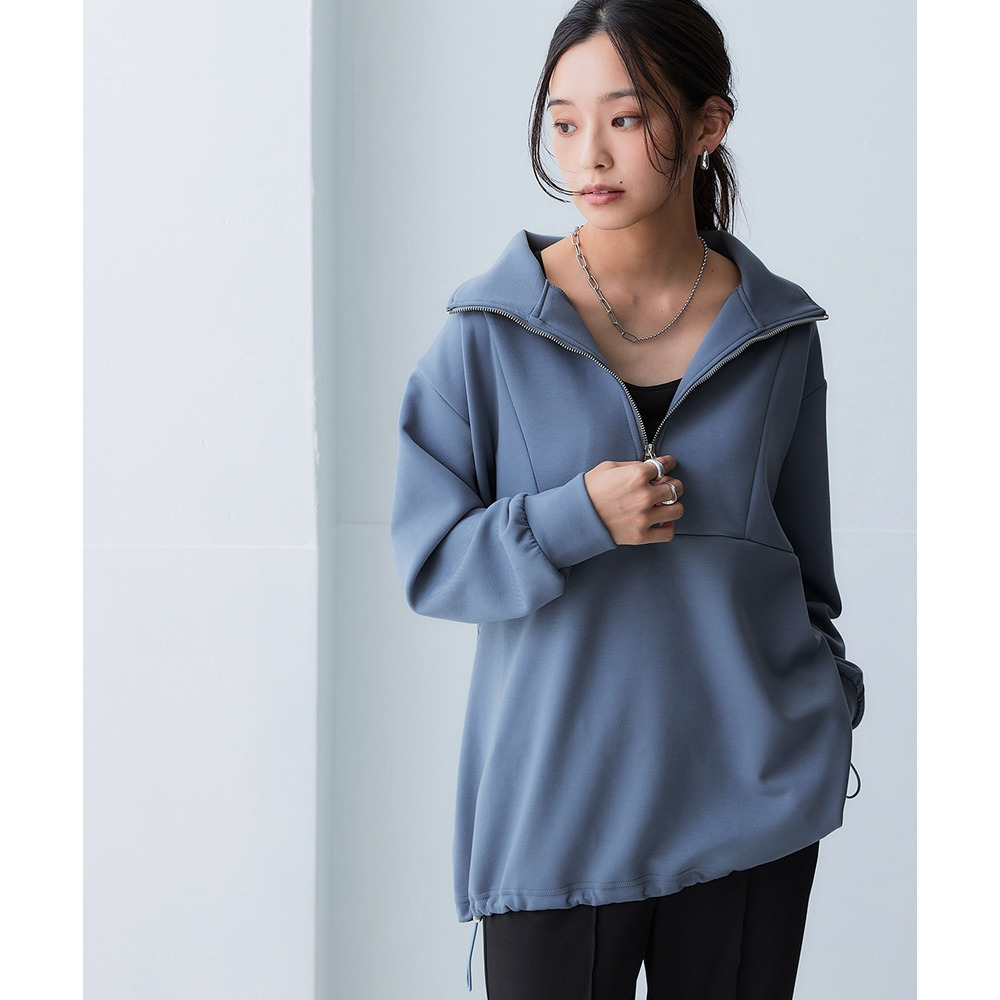 なめらかポンチ素材 ハーフジップ裾ドロストゆるシルエットプルオーバー(セットアップ可能) 大きいサイズ1