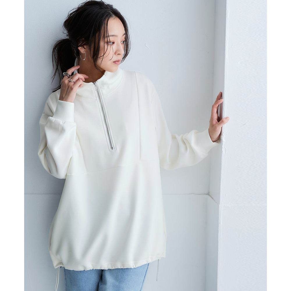 なめらかポンチ素材 ハーフジップ裾ドロストゆるシルエットプルオーバー(セットアップ可能) 大きいサイズ1