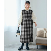 起毛チェックフレンチスリーブジャンパースカート 大きいサイズ