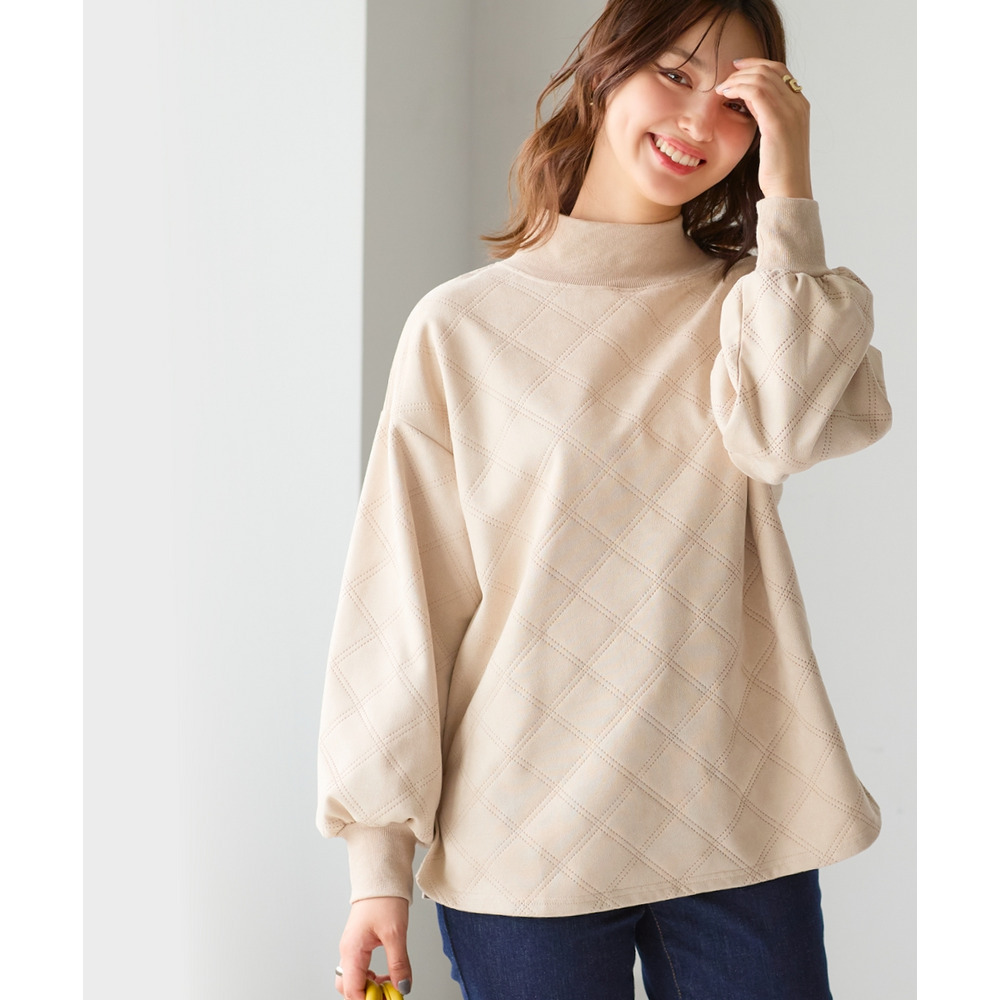 洗濯機で洗えるフェイクスエードエンボス柄ハイネックゆるプルオーバー 大きいサイズ18