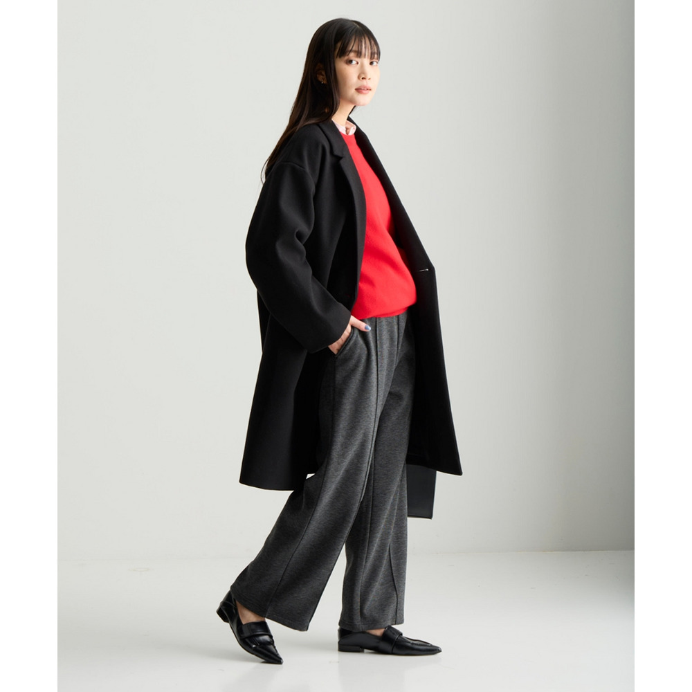 メランジ裏ベロアボンディングピンタックワイドパンツ 大きいサイズ16