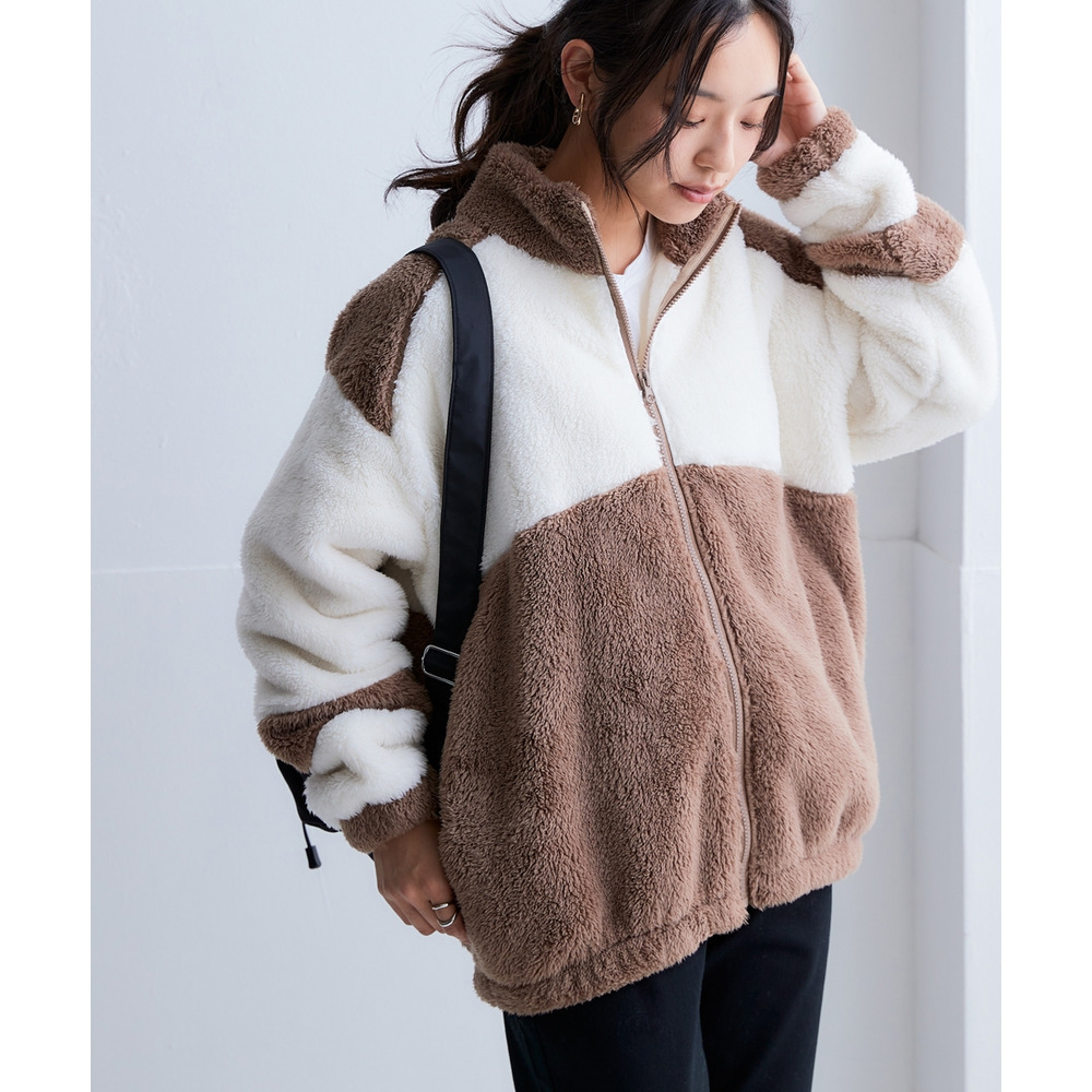 配色ジップアップボアジャケット(保温) 大きいサイズ10