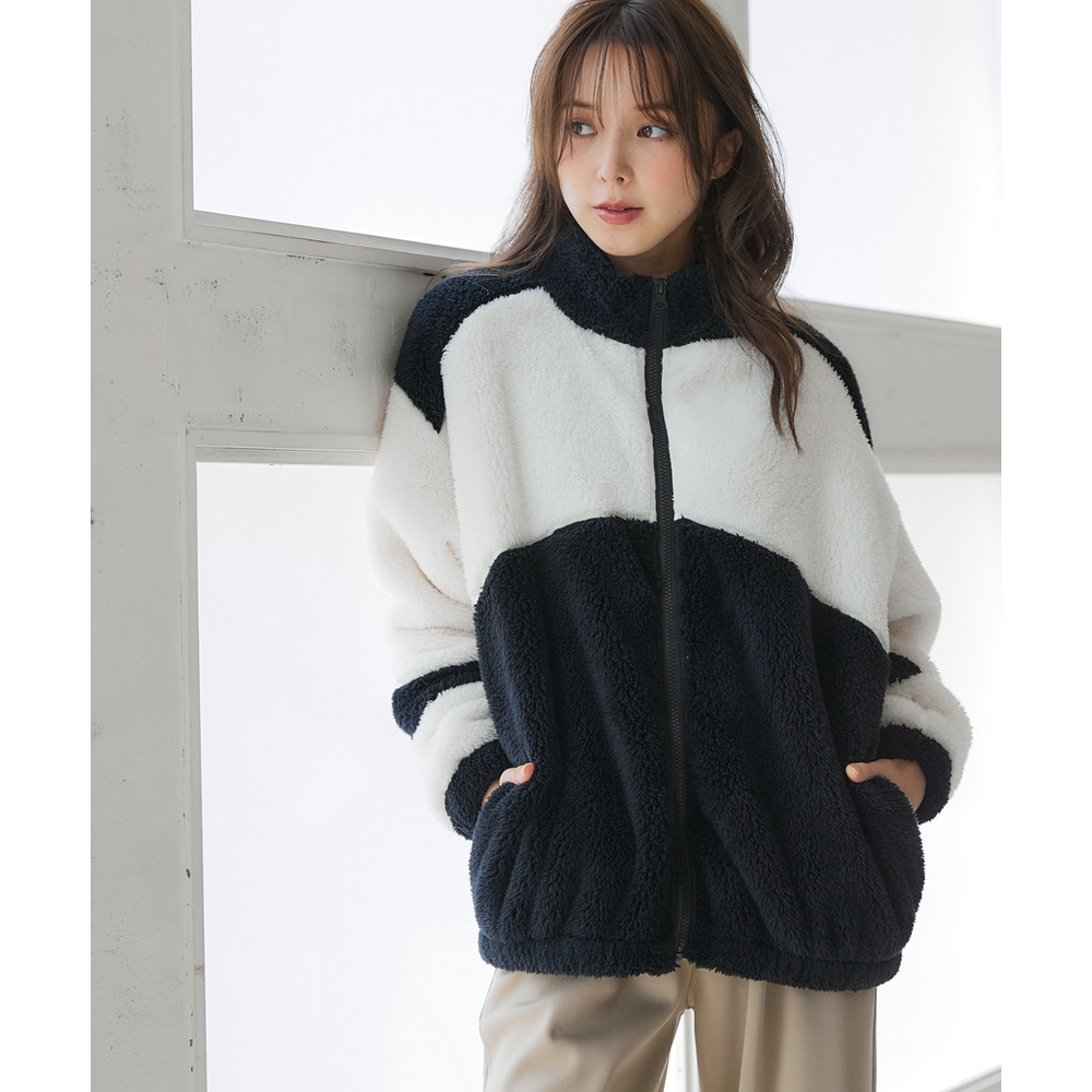 配色ジップアップボアジャケット(保温) 大きいサイズ12