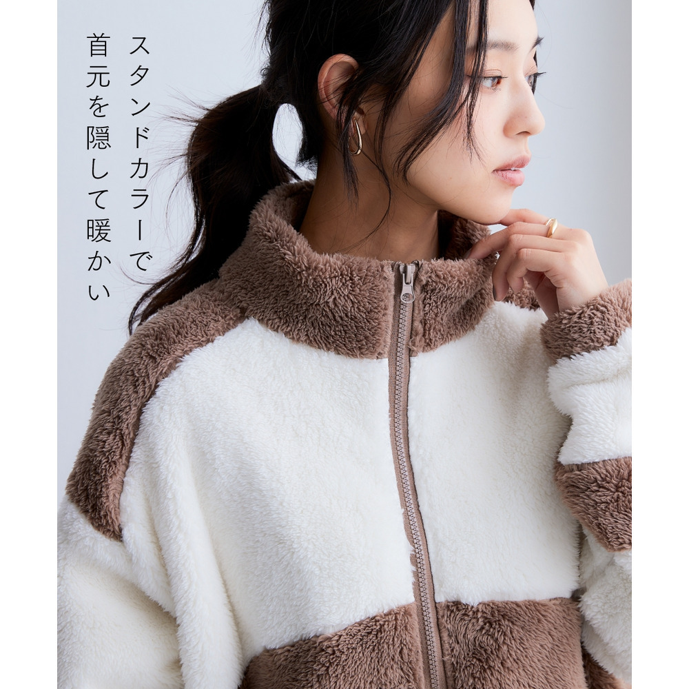配色ジップアップボアジャケット(保温) 大きいサイズ3