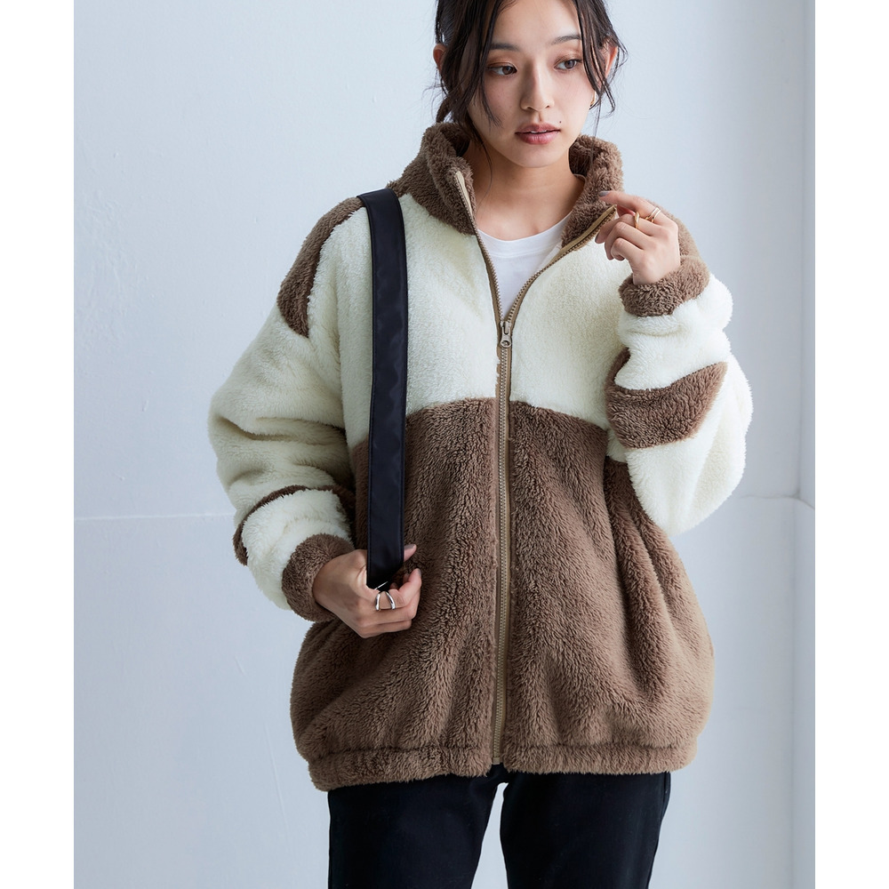 配色ジップアップボアジャケット(保温) 大きいサイズ1