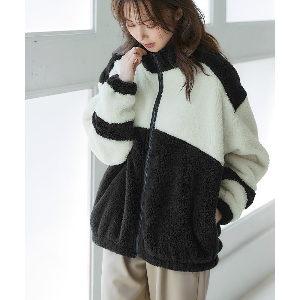 配色ジップアップボアジャケット(保温) 大きいサイズ1