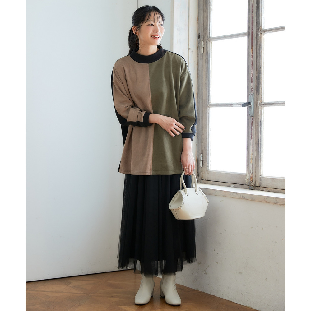 スエード配色モックネックドルマンプルオーバー 大きいサイズ10