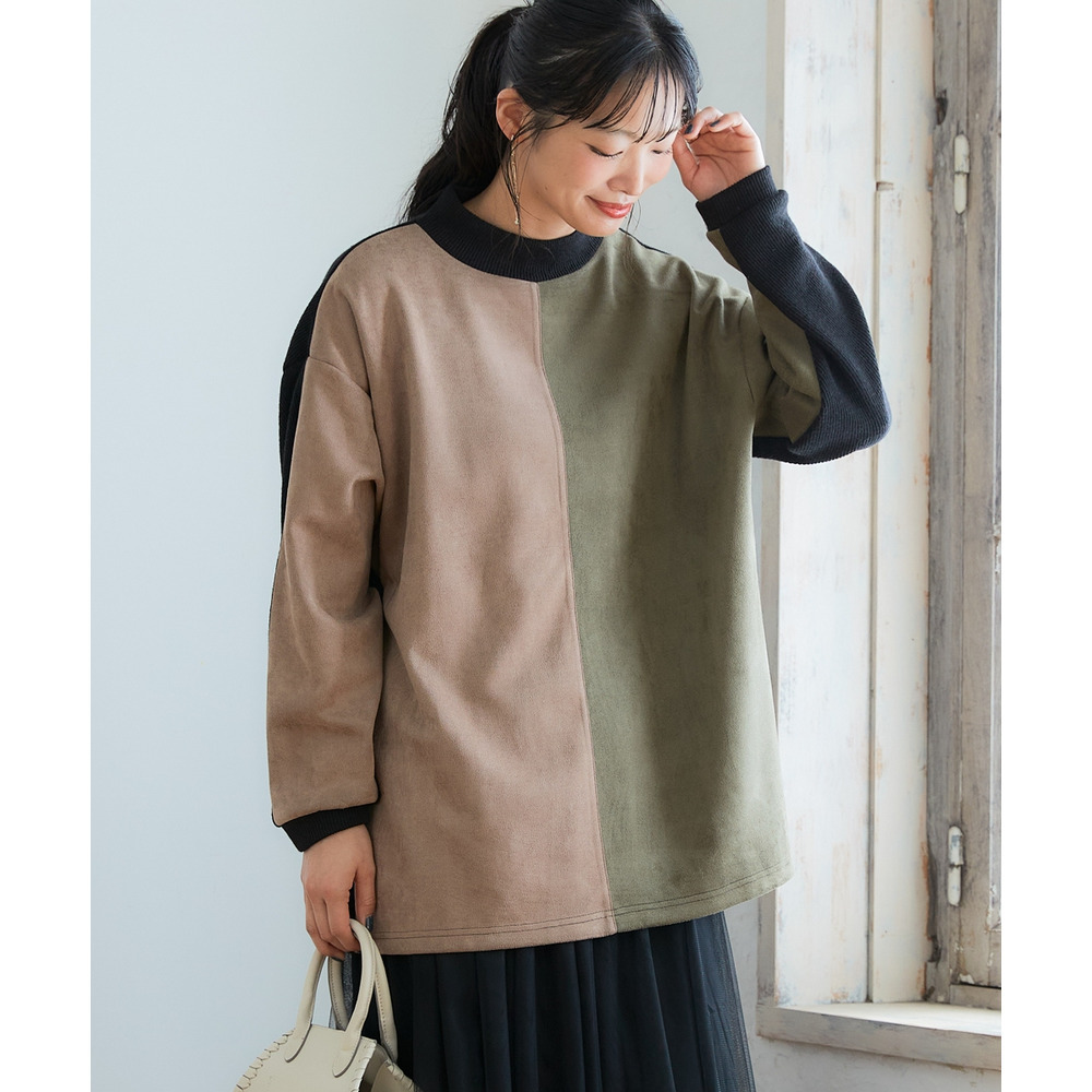 スエード配色モックネックドルマンプルオーバー 大きいサイズ11