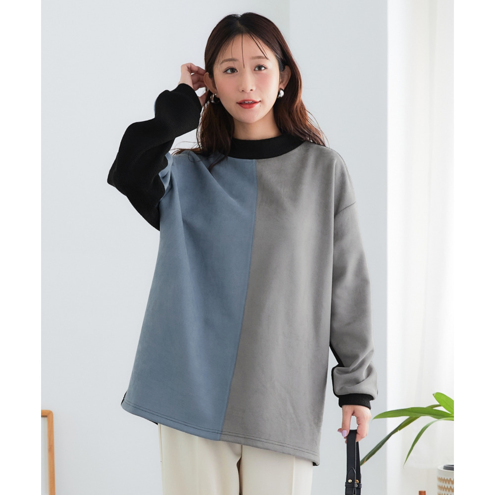 スエード配色モックネックドルマンプルオーバー 大きいサイズ1