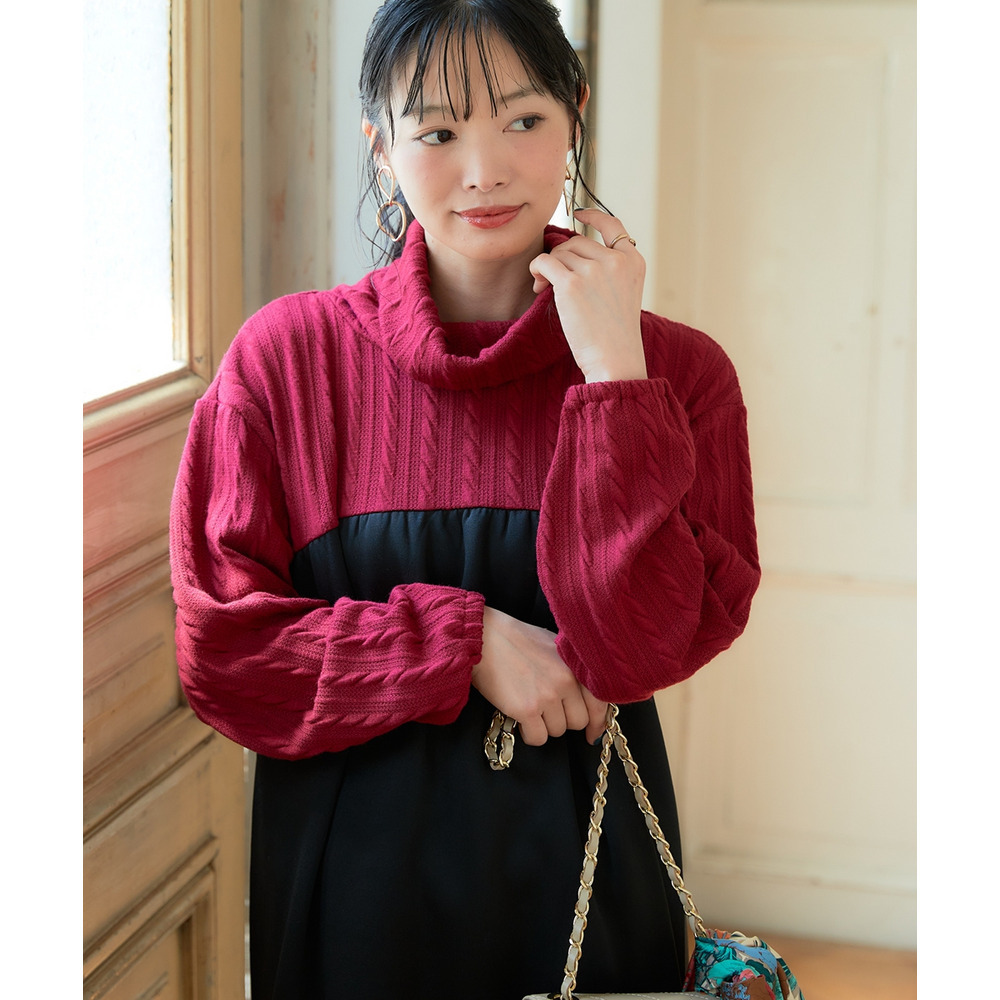 異素材切替オフタートルワンピース 大きいサイズ1