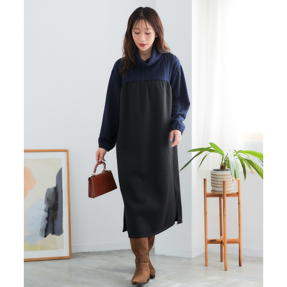 異素材切替オフタートルワンピース 大きいサイズ1