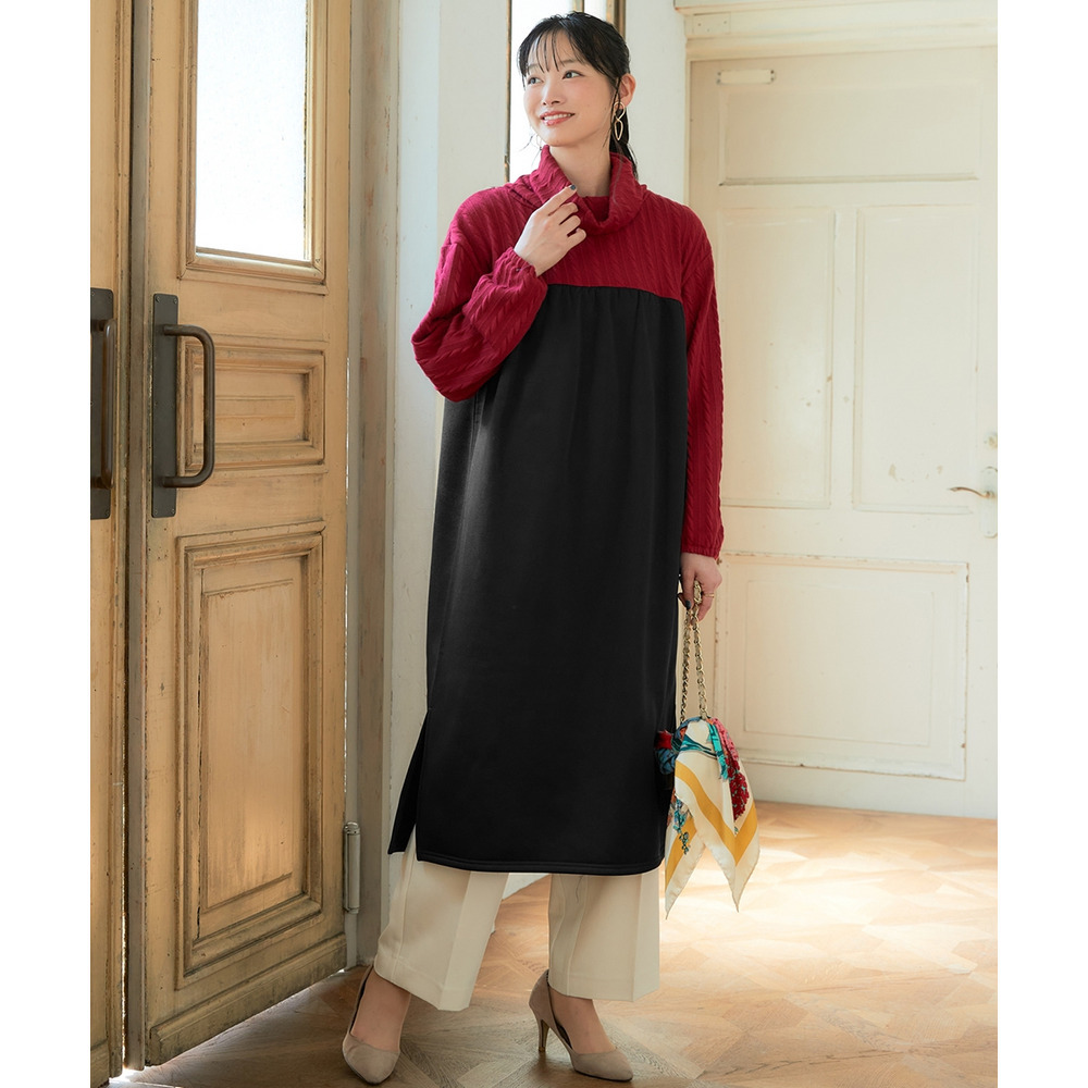 異素材切替オフタートルワンピース 大きいサイズ1