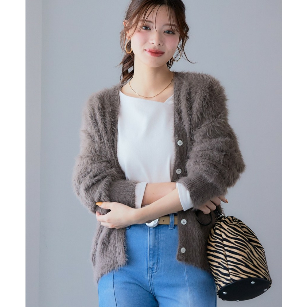 ロングフェザーVネックニットカーディガン 大きいサイズ1