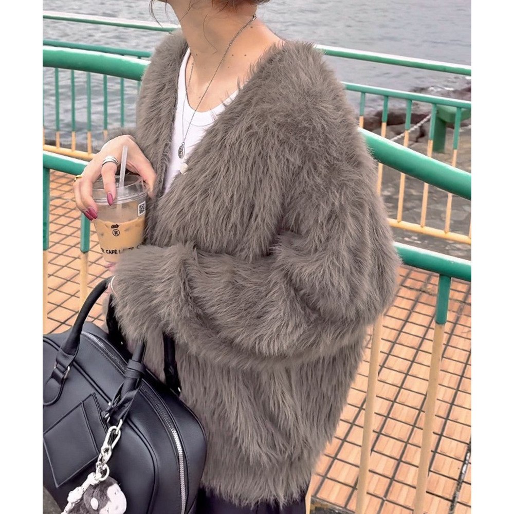 ロングフェザーVネックニットカーディガン 大きいサイズ19