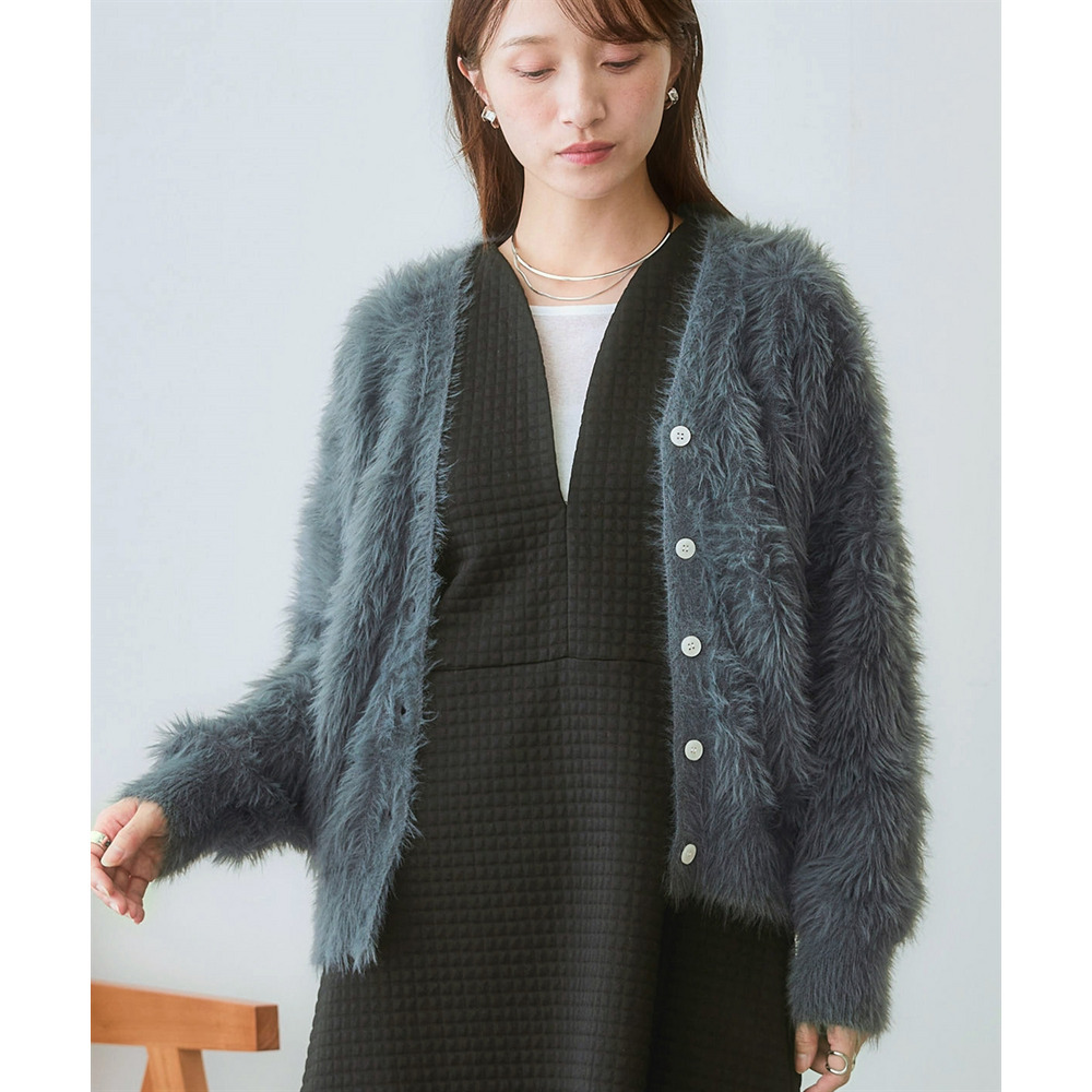 ロングフェザーVネックニットカーディガン 大きいサイズ1