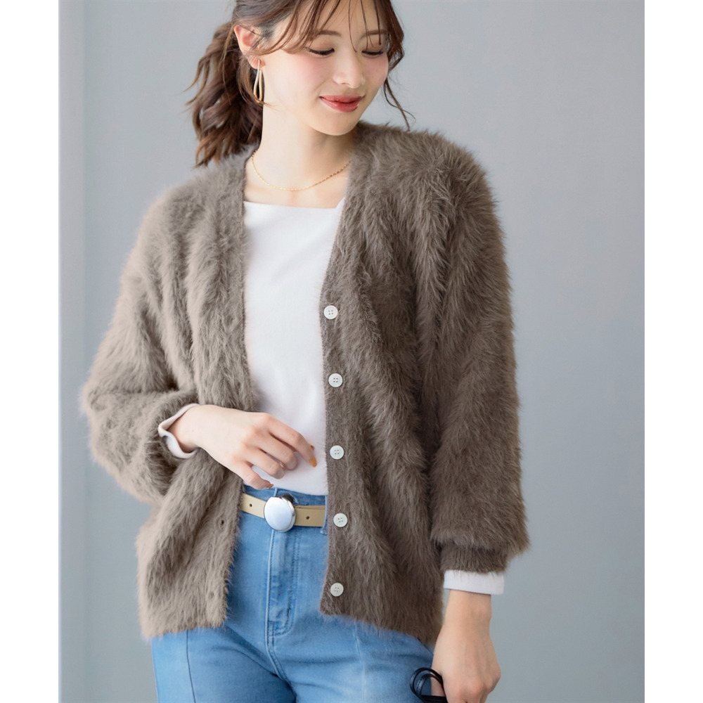 ロングフェザーVネックニットカーディガン 大きいサイズ1