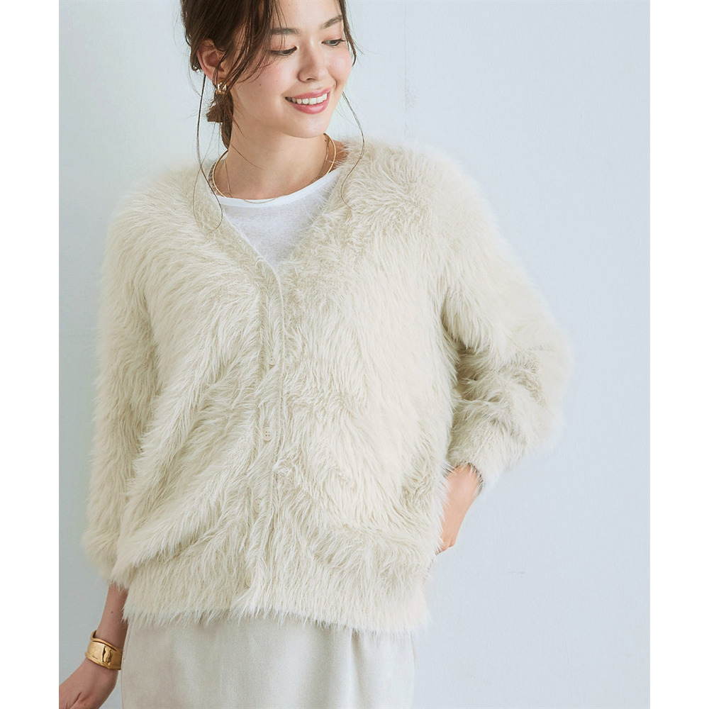 ロングフェザーVネックニットカーディガン 大きいサイズ1