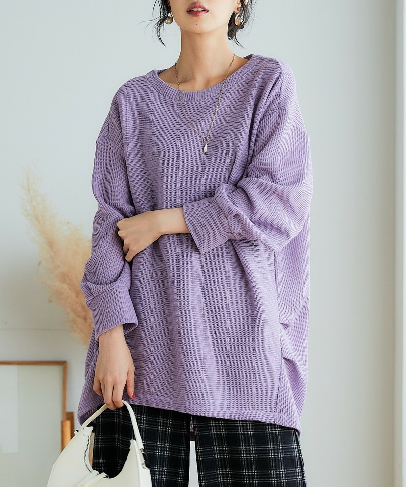 フェイクニット裏起毛裾タックカットソートップス 大きいサイズ1