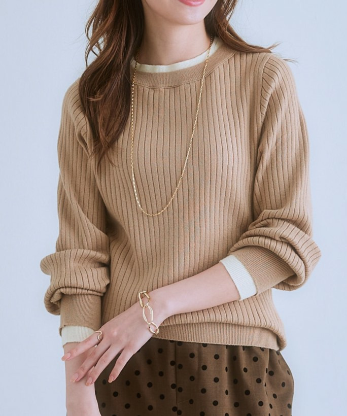 ふんわり袖配色重ね着風ニットトップス 大きいサイズ1