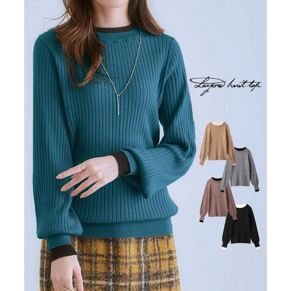 ふんわり袖配色重ね着風ニットトップス 大きいサイズ2