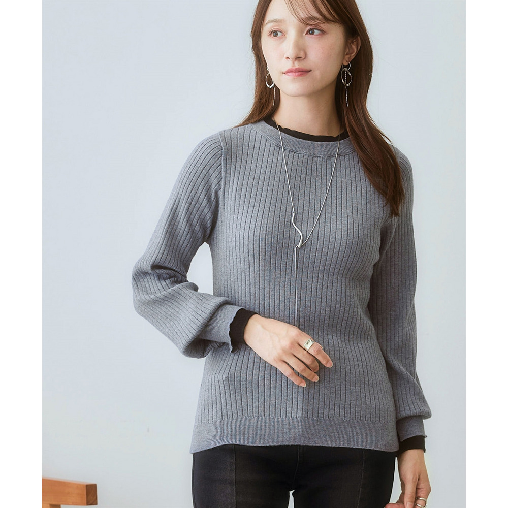 ふんわり袖配色重ね着風ニットトップス 大きいサイズ1