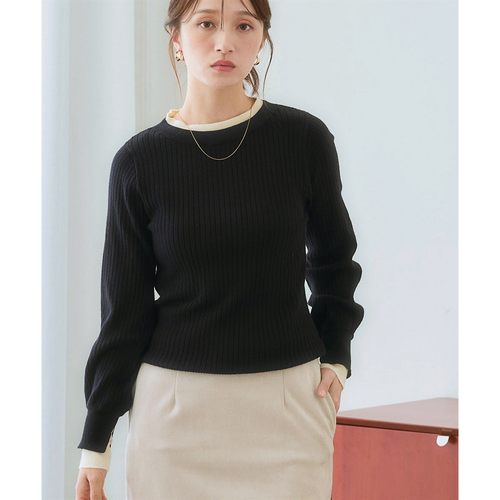 ふんわり袖配色重ね着風ニットトップス 大きいサイズ1