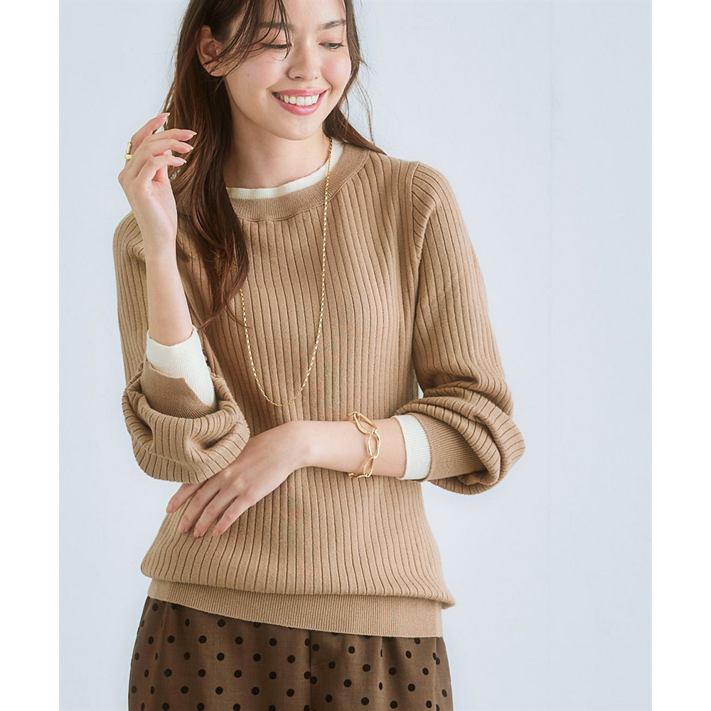 ふんわり袖配色重ね着風ニットトップス 大きいサイズ1