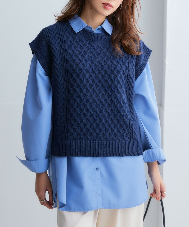 洗えるふんわり編み柄ニットベスト 大きいサイズ1