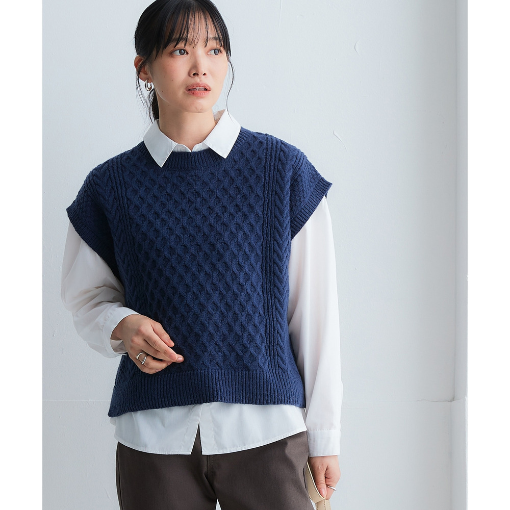 洗えるふんわり編み柄ニットベスト 大きいサイズ14