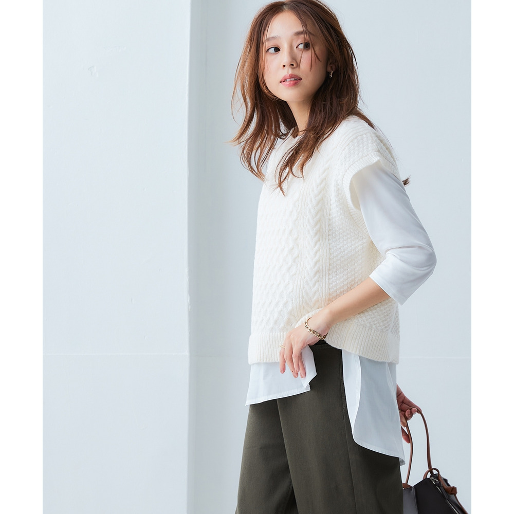 洗えるふんわり編み柄ニットベスト 大きいサイズ16