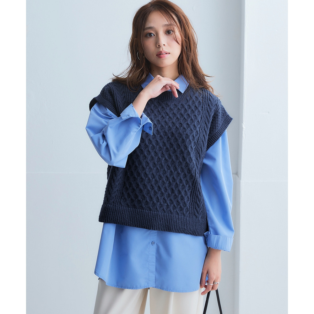 洗えるふんわり編み柄ニットベスト 大きいサイズ1