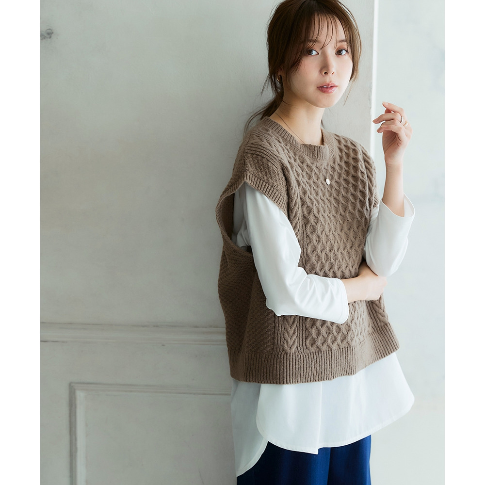 洗えるふんわり編み柄ニットベスト 大きいサイズ1