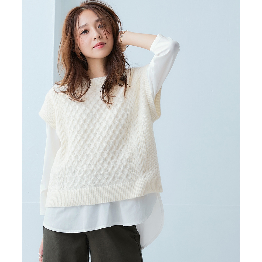 洗えるふんわり編み柄ニットベスト 大きいサイズ1