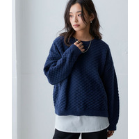 洗えるふんわり編み柄オーバーサイズ鹿の子ニットプルオーバー 大きいサイズ